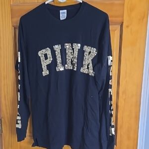 PINK Victoria's Secret Black Long Sleeve Womans Top with Sequins and metallic